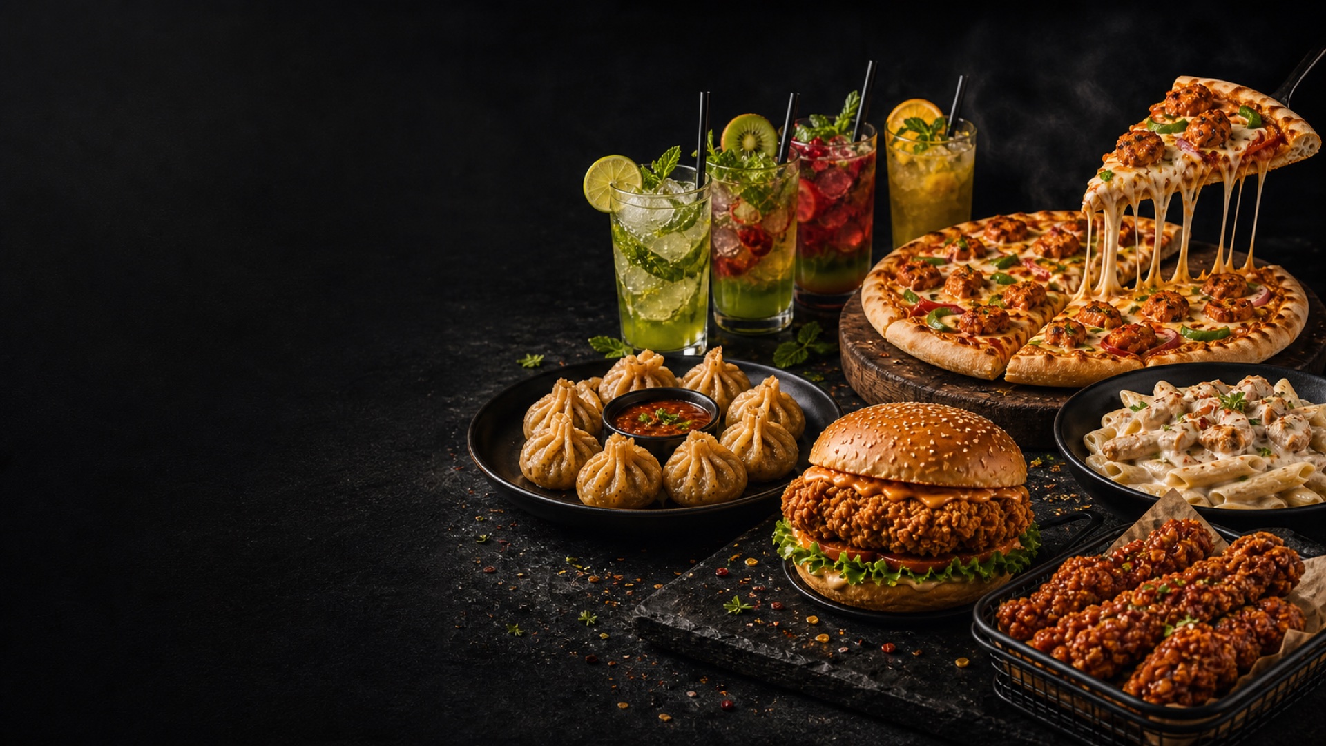 Street-food spread with pizza, burger, momos, pasta, mojitos and crispy chicken
