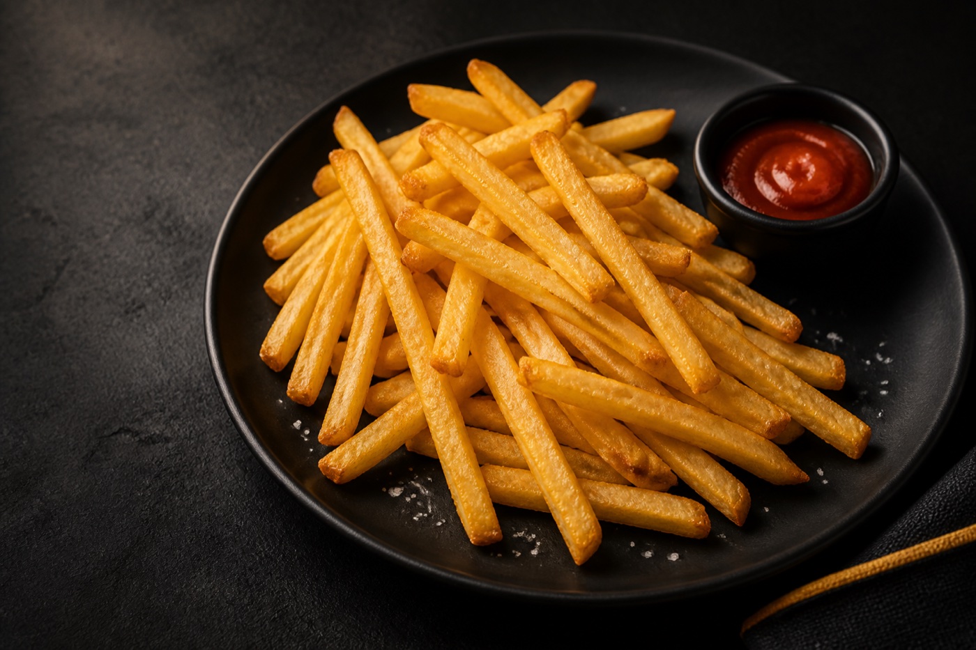 Golden French fries on a matte black plate with red dipping sauce